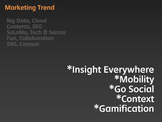 Marketing Trend

Big Data, Cloud
Contents, SEO
SoLoMo, Tech & Sensor
Fun, Collaboration
SNS, Context



                        *Insight Everywhere
                                   *Mobility
                                  *Go Social
                                    *Context
                              *Gamification
 