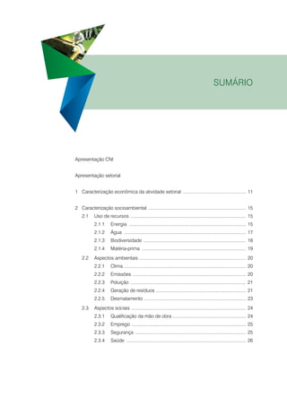 sumário

Apresentação CNI
Apresentação setorial
1	 Caracterização econômica da atividade setorial .................................................. 11
2	 Caracterização socioambiental ............................................................................. 15
2.1	 Uso de recursos ........................................................................................... 15
2.1.1	Energia ............................................................................................ 15
2.1.2	Água ................................................................................................ 17
2.1.3	Biodiversidade ................................................................................. 18
2.1.4	Matéria-prima .................................................................................. 19
2.2	Aspectos ambientais .................................................................................... 20
2.2.1	Clima ............................................................................................... 20
2.2.2	Emissões ......................................................................................... 20
2.2.3	Poluição ........................................................................................... 21
2.2.4	

Geração de resíduos ....................................................................... 21

2.2.5	Desmatamento ................................................................................ 23
2.3	Aspectos sociais .......................................................................................... 24
2.3.1	

Qualificação da mão de obra .......................................................... 24

2.3.2	Emprego .......................................................................................... 25
2.3.3	Segurança ....................................................................................... 25
2.3.4	Saúde .............................................................................................. 26

 