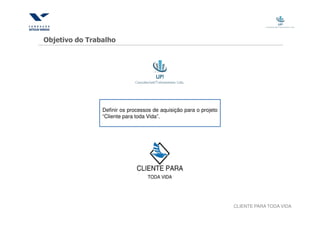 Objetivo do Trabalho




                Definir os processos de aquisição para o projeto
                “Cliente para toda Vida”.




                                                                   CLIENTE PARA TODA VIDA
 