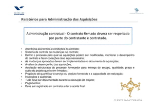Relatórios para Administração das Aquisições



    Administração contratual - O contrato firmado devera ser respeitado
                  por parte do contratante e contratado.

•   Aderência aos termos e condições do contrato;
•   Sistema de controle de mudanças no contrato;
•   Definir o processo pelo qual as aquisições podem ser modificadas, monitorar o desempenho
    do contrato e fazer correções caso seja necessário;
•   As mudanças aprovadas devem ser implementadas no documento de aquisições;
•   Analise de desempenho das aquisições;
•   Avaliação estruturada do processo fornecedor para entrega do escopo, qualidade, prazo e
    custo do projeto que forem firmados;
•   Propósito de quantificar o serviço ou produto fornecido e a capacidade de realização;
•   Inspeções e auditorias;
•   Tudo deve ser documentado durante a execução do projeto;
•   Pagamentos;
•   Deve ser registrado em contratos e ter o aceite final.




                                                                           CLIENTE PARA TODA VIDA
 