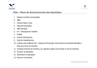 PGA – Plano de Gerenciamento das Aquisições

1.   Objetivo do Plano de Aquisições
2.   WBS
3.   Critérios Make or Buy
4.   Mapa das Aquisições
5.   WBS Revisada
6.   DT – Declaração de Trabalho
7.   D-WBS
8.   Critérios Eliminatórios
9.   Critérios Classificatórios
10. Critérios para Avaliação (SP – Sistema de Pontuação, Documentos de Aquisição Adotados e
     Meio para envio de convites)
11. Contratos (Formas de Contrato a ser utilizado, Espécie de Contrato e Tipo de Contrato)
12. Conduzir as Aquisições
13. Administrar as Aquisições
14. Encerrar os Contratos

                                                                              CLIENTE PARA TODA VIDA
 