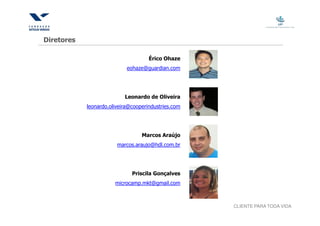 Diretores

                                     Érico Ohaze
                            eohaze@guardian.com




                           Leonardo de Oliveira
            leonardo.oliveira@cooperindustries.com




                                  Marcos Araújo
                        marcos.araujo@hdl.com.br




                              Priscila Gonçalves
                       microcamp.mkt@gmail.com



                                                     CLIENTE PARA TODA VIDA
 