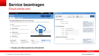 Service beantragen
        Cloud.oracle.com




           Oracle.com Benutzerkonto erforderlich


8   Copyright © 2012, Oracle and/or its affiliates. All rights reserved.   ileana.somesan@oracle.com
 
