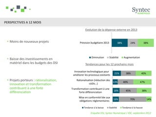 PERSPECTIVES A 12 MOIS

                                                    Evolution de la dépense externe en 2013


  Moins de nouveaux projets                    Prévision budgétaire 2013             38%          24%             38%




                                                          Diminution        Stabilité        Augmentation
  Baisse des investissements en
   matériel dans les budgets des DSI                Tendances pour les 12 prochains mois

                                           Innovation technologique pour
                                                                                21%            38%            40%
                                          améliorer les processus existants
  Projets porteurs : rationalisation,       Rationalisation (réduction des
                                                                            13%             40%              47%
   innovation et transformation                         coûts…)
   contribuant à une forte               Transformation contribuant à une
                                                                                18%            45%             38%
   différenciation                             forte différenciation
                                               Mise en conformité liée aux
                                                                               16%                 70%              14%
                                               obligations réglementaires

                                                   Tendance à la baisse   Stabilité         Tendance à la hausse

                                                         Enquête DSI, Syntec Numérique / IDC, septembre 2012
 