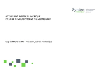 ACTIONS DE SYNTEC NUMERIQUE
POUR LE DEVELOPPEMENT DU NUMERIQUE




Guy MAMOU-MANI I Président, Syntec Numérique
 