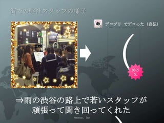 街での弊社スタッフの様子




                  ( )
                       デコプリ でデコった（宣伝）




                             80万
                              DL




⇒雨の渋谷の路上で若いスタッフが
  頑張って聞き回ってくれた
         ©menue, inc
 