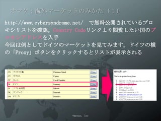 オマケ：海外マーケットのみかた（１）
http://www.cybersyndrome.net/ で無料公開されてい
るプロキシリストを確認。Country Codeリンクより閲覧した
い国のプロキシアドレスを入手
今回は例としてドイツのマーケットを見てみます。ドイツの横
の「Proxy」ボタンをクリックするとリストが表示される




                 ©menue, inc
 