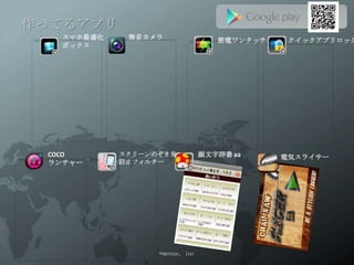 作ってるアプリ
   スマホ最適化    無音カメラ                 節電ワンタッチ    クイックアプリロック
   ボックス




 COCO       スクリーンのぞき見           顔文字辞書 aa     電気スライサー
 ランチャー      防止フィルター




                  ©menue, inc
 