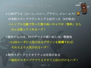 甘すぎた企画段階のもくろみ

 LINEデフォ（ムーン,コニー,ブラウン,ジェームス）
 が有料スタンプでランキング上位だった（9月時点）
 →シンプルな線で作った質の高いキャラが「無料」なら
  みんな使ってくれるハズ！

他社のものは、FPのデコメの使い回しぽい雰囲気
 →LINEユーザに人気のあるデザインを踏襲すれば、
  それらより人気が出るハズ！

制作スピードとクオリティは自信がある
 →他社のスタンプアプリよりすぐ上位に行けるハズ！
              ©menue, inc
 