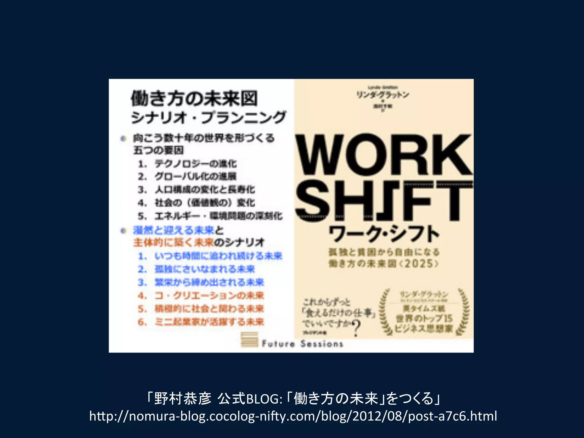 「野村恭彦 公式BLOG:	
  「働き方の未来」をつくる」	
  
h"p://nomura-­‐blog.cocolog-­‐niTy.com/blog/2012/08/post-­‐a7c6.html	
 