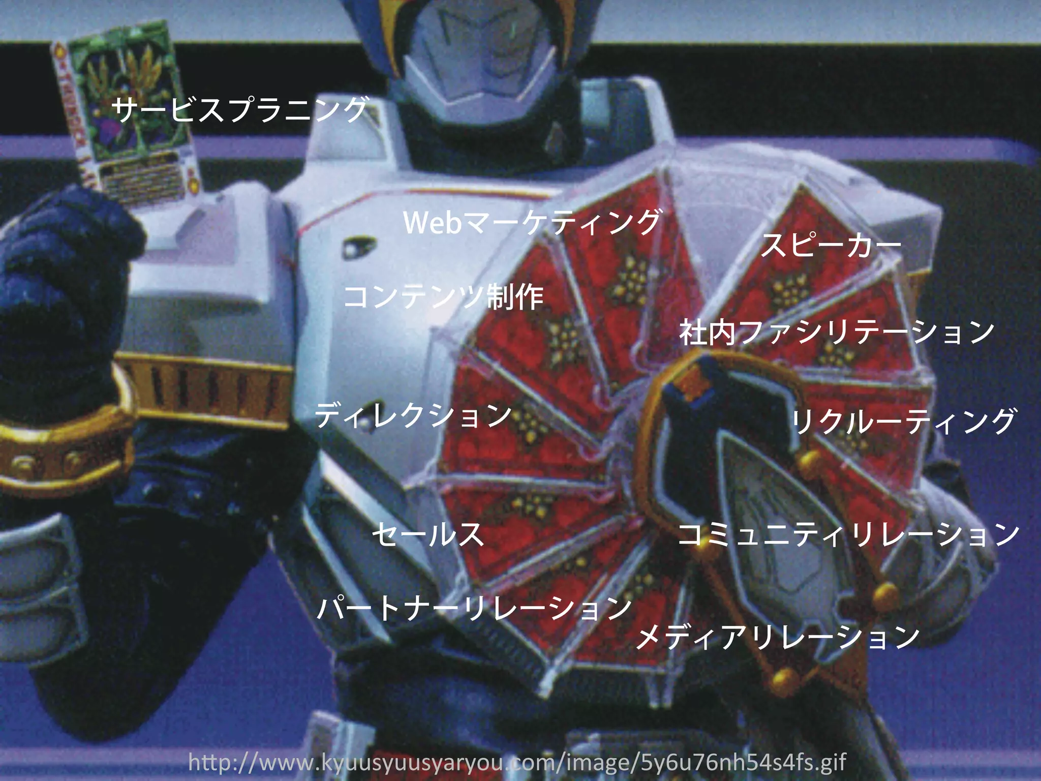 サービスプラニング


                   Webマーケティング
                                                 スピーカー
              コンテンツ制作
                                          社内ファシリテーション

            ディレクション                                 リクルーティング


                 セールス                     コミュニティリレーション

            パートナーリレーション
                                       メディアリレーション



  h"p://www.kyuusyuusyaryou.com/image/5y6u76nh54s4fs.gif	
 