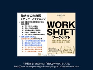 「野村恭彦 公式BLOG:	
  「働き方の未来」をつくる」	
  
h"p://nomura-­‐blog.cocolog-­‐niTy.com/blog/2012/08/post-­‐a7c6.html	
 
