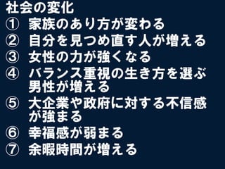 社会の変化
①  家族のあり方が変わる
②  自分を見つめ直す人が増える
③  女性の力が強くなる
④  バランス重視の生き方を選ぶ
   男性が増える
⑤  大企業や政府に対する不信感
   が強まる
⑥  幸福感が弱まる
⑦  余暇時間が増える
 