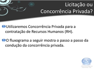 Licitação ou
                    Concorrência Privada?

Utilizaremos Concorrência Privada para a
contratação de Recursos Humanos (RH).

O fluxograma a seguir mostra o passo a passo da
condução da concorrência privada.
 