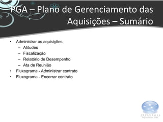 PGA – Plano de Gerenciamento das
             Aquisições – Sumário
•   Administrar as aquisições
     – Atitudes
     – Fiscalização
     – Relatório de Desempenho
     – Ata de Reunião
•   Fluxograma - Administrar contrato
•   Fluxograma - Encerrar contrato
 