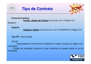 Tipo de Contrato

    Forma de Contrato:
               Formal - Ordem de Compra de acordo com o Código Civil
Brasileiro.

    Espécie:
                 Compra e Venda de acordo com a Lei 10.406/2002 do Código Civil


    Tipo PG - Preço Global

    Devido:
         - Necessidade de conhecimento detalhado do objeto e escopo do objeto a ser
contratado;
    - Criação de condições indutoras à maior eficiência na equipe própria e na da
contratada.
 