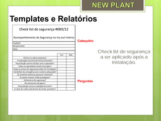 Templates e Relatórios
       Check list de segurança #089/12

Acompanhemento da Segurança no try-out interno
                                                                 Cabeçalho
Inspetor:
Responsável:
Data:
                                                                             Check list de segurança
                                                     Sim   Não
            Há fios ou cabos expostos?                                        a ser aplicado após a
                                                                                    instalação.
     A aspiração funciona de forma eficiente?
   Há proteção contra colisões com o operador?
      Todos os operadores foram treinados?
Todas os avisos de segurança estão em Português?
 Há botões de emergência em número adequado?
     Os armários elétricos possuem interlock?
        As partes móveis estão protegidas?
             Há barreira de segurança?
                                                                 Perguntas
              Há vazamento de gases?
      Há proteção contra a radiação do corte?
 O nível de ruído está dentro do limite aceitável?
 