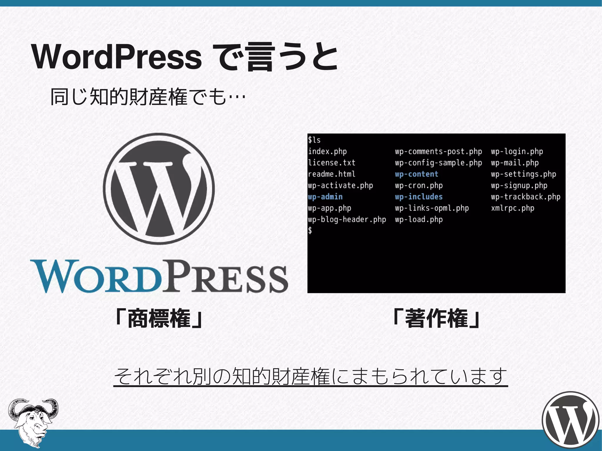 WordPress で言うと
同じ知的財産権でも…




   「商標権」         「著作権」

   それぞれ別の知的財産権にまもられています
 