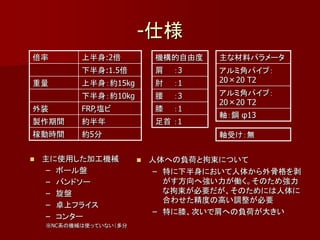 -仕様
倍率         上半身:2倍           機構的自由度   主な材料パラメータ
           下半身:1.5倍         肩   ：3   アルミ角パイプ：
重量         上半身：約15kg        肘   ：1   20×20 T2

           下半身：約10kg        腰   ：3   アルミ角パイプ：
                                     20×20 T2
外装         FRP,塩ビ           膝   ：1
                                     軸：鋼 φ13
製作期間       約半年              足首 ：1
稼動時間       約5分                       軸受け：無


   主に使用した加工機械             人体への負荷と拘束について
    – ボール盤                   – 特に下半身において人体から外骨格を剥
    – バンドソー                    がす方向へ強い力が働く。そのため強力
    – 旋盤                       な拘束が必要だが、そのためには人体に
                               合わせた精度の高い調整が必要
    – 卓上フライス
                             – 特に膝、次いで肩への負荷が大きい
    – コンター
    ※NC系の機械は使っていない（多分
 