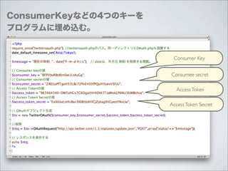 ConsumerKeyなどの4つのキーを
プログラムに埋め込む。


                        Consumer Key


                       Consumee secret

                         Access Token

                       Access Token Secret
 