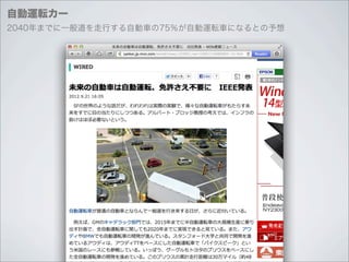 自動運転カー
2040年までに一般道を走行する自動車の75％が自動運転車になるとの予想
 