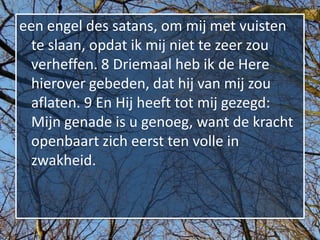 een engel des satans, om mij met vuisten
  te slaan, opdat ik mij niet te zeer zou
  verheffen. 8 Driemaal heb ik de Here
  hierover gebeden, dat hij van mij zou
  aflaten. 9 En Hij heeft tot mij gezegd:
  Mijn genade is u genoeg, want de kracht
  openbaart zich eerst ten volle in
  zwakheid.
 