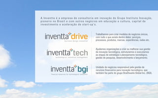 Trabalhamos para criar modelos de negócios únicos,
com tudo o que existe dentro deles: serviços,
processos, produtos, marcas, experiências, redes etc.
Ajudamos organizações a criar ou melhorar sua gestão
da inovação tecnológica, estruturamos e executamos
as etapas de estratégia e planejamento tecnológico,
gestão de pesquisa, desenvolvimento e lançamento.
Unidade de negócios responsável pela gestão de
recursos ﬁnanceiros para inovação tecnológica, que
também faz parte do grupo Braithwaite Global Inc. (BGI).
A Inventta é a empresa de consultoria em inovação do Grupo Instituto Inovação,
pioneiro no Brasil e com outros negócios em educação e cultura, capital de
investimento e aceleração de start-up’s.
 