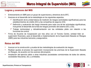 Marco Integral de Supervisión (MIS)
Logros y avances del MIS
•
•

•

Entrenamiento en SBR para un grupo de supervisores y directivos de la SFC.
Avances en el desarrollo de la metodología en los siguientes aspectos:
 Identificación de la unidad básica de medición de riesgos (actividades significativas) para los
establecimientos de crédito (EC) y las compañías de seguros (CS).
 Definición y evaluación del riesgo inherente para cada una de las actividades significativas,
incluyendo el desarrollo de la lista de riesgos promedio del sistema (EC y CS).
 Trabajo (entrevistas) y retroalimentación con las entidades piloto con relación a las
funciones de control.
Firma de Acuerdo de Cooperación por tres años con el Toronto Centre, entidad líder en
supervisión financiera, para el desarrollo e implementación de la Supervisión Basada en Riesgos
(SBR) para las industrias bancaria y aseguradora.

Retos del MIS
•
•
•

Avanzar en la construcción y prueba de las metodologías de evaluación de riesgos.
Realizar ajustes al proceso de supervisión incorporando las premisas de la Supervisión Basada
en Riesgos, de acuerdo con los avances del proyecto.
Ampliación del ejercicio piloto a otras industrias (sociedades comisionistas de bolsa de valores,
sociedades fiduciarias, etc.) y entidades.

Superfinanciera, Primera en Transparencia

29

 
