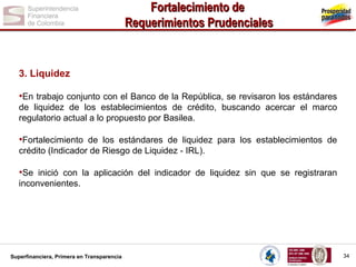 Fortalecimiento de
Requerimientos Prudenciales

3. Liquidez

•En trabajo conjunto con el Banco de la República, se revisaron los estándares
de liquidez de los establecimientos de crédito, buscando acercar el marco
regulatorio actual a lo propuesto por Basilea.

•Fortalecimiento de los estándares de liquidez para los establecimientos de
crédito (Indicador de Riesgo de Liquidez - IRL).

•Se inició con la aplicación del indicador de liquidez sin que se registraran
inconvenientes.

Superfinanciera, Primera en Transparencia

34

 