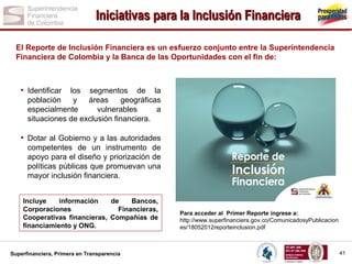 Iniciativas para la Inclusión Financiera
El Reporte de Inclusión Financiera es un esfuerzo conjunto entre la Superintendencia
Financiera de Colombia y la Banca de las Oportunidades con el fin de:

• Identificar

los segmentos de la
población
y
áreas
geográficas
especialmente
vulnerables
a
situaciones de exclusión financiera.

• Dotar al Gobierno y a las autoridades
competentes de un instrumento de
apoyo para el diseño y priorización de
políticas públicas que promuevan una
mayor inclusión financiera.
Incluye
información
de
Bancos,
Corporaciones
Financieras,
Cooperativas financieras, Compañías de
financiamiento y ONG.

Superfinanciera, Primera en Transparencia

Para acceder al Primer Reporte ingrese a:
http://www.superfinanciera.gov.co/ComunicadosyPublicacion
es/18052012reporteinclusion.pdf

41

 