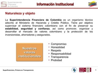 Información Institucional
Naturaleza y objeto
La Superintendencia Financiera de Colombia es un organismo técnico
adscrito al Ministerio de Hacienda y Crédito Público. Tiene por objetivo
supervisar el sistema financiero colombiano con el fin de preservar su
estabilidad, seguridad y confianza, así como promover, organizar y
desarrollar el mercado de valores colombiano y la protección de los
inversionistas, ahorradores y asegurados.

Nuestros
valores
institucionales

Superfinanciera, Primera en Transparencia

•
•
•
•
•
•

Compromiso
Honestidad
Respeto
Responsabilidad
Transparencia
Probidad

5

 