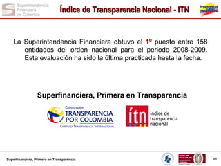 Índice de Transparencia Nacional - ITN

La Superintendencia Financiera obtuvo el 1º puesto entre 158
entidades del orden nacional para el periodo 2008-2009.
Esta evaluación ha sido la última practicada hasta la fecha.

Superfinanciera, Primera en Transparencia

Superfinanciera, Primera en Transparencia

88

 