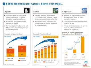 Projeção de Vendas de Energia por
Cogeração no Brasil (2002-2015)
GWh
39%
40%
61%
60%
25,9
35,9
2005/2006 2011/2012
2
9
Fonte: Unica, USDA, Secex
Cogeração
 Aumento da sua importância como
uma alternativa viável na matriz
energética brasileira
 Consumo de energia crescendo entre
5% e 7% ao ano
 Novas variedades de cana-de-açúcar
e uso de palha aumentando o
potencial da cogeração
750
7.745
35.770
2002 2009 2015
0,2% 2,0% 6,8%
Venda de Energia por Cogeração / Consumo
Brasileiro
CAGR: 40%
CAGR: 29%
Fonte: Balanço Energético Nacional - MME;
Departamento de Planejamento Energético (DPE)
- MME; estimativa da ÚNICA
Etanol
 Mercado brasileiro deve crescer
~15% por ano nos próximos 5 anos,
devido às vendas de carros flex-fuel
 A quota de “etanol avançado” nos
EUA só pode ser suprida por etanol
de cana-de-açúcar
Açúcar
 Consumo global de açúcar deve
crescer pelo menos 15 MM de
toneladas nos próximos 5 anos
 Brasil como principal fornecedor
marginal no Mundo
 Manutenção do déficit anual de 5,6
MM na África, enquanto a produção
se mantém estável
Vendas de Veículos no Brasil
‘000 unidades
Produção de Açúcar no Brasil
MM Toneladas
Flex-Fuel Gasolina e Diesel
Fonte: Anfavea
52%
78%
82%
86%
88% 86% 83%
48%
22%
18%
14%
12%
14% 17%
1.619
1.832
2.488
2.671
3.009
3.329 3.426
2005 2006 2007 2008 2009 2010 2011
Flex-Fuel
Doméstico Exportação
Sólida Demanda por Açúcar, Etanol e Energia...
Flex-Fuel CAGR: 22%
 