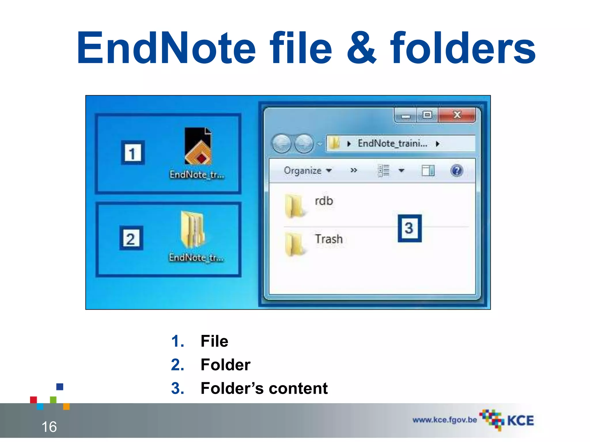 EndNote file & folders
16
1. File
2. Folder
3. Folder’s content
 