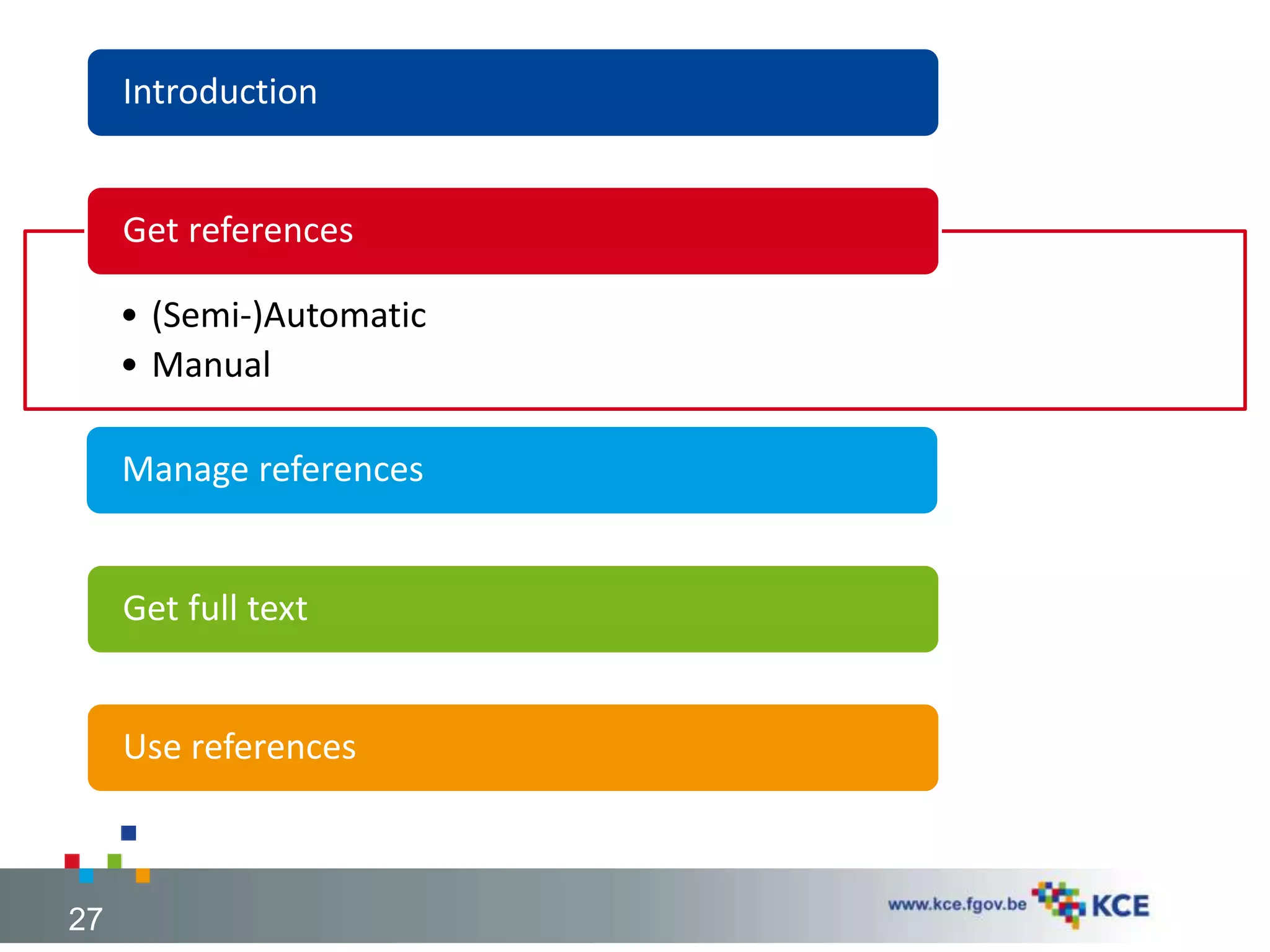 Introduction
• (Semi-)Automatic
• Manual
Get references
Manage references
Get full text
Use references
27
 
