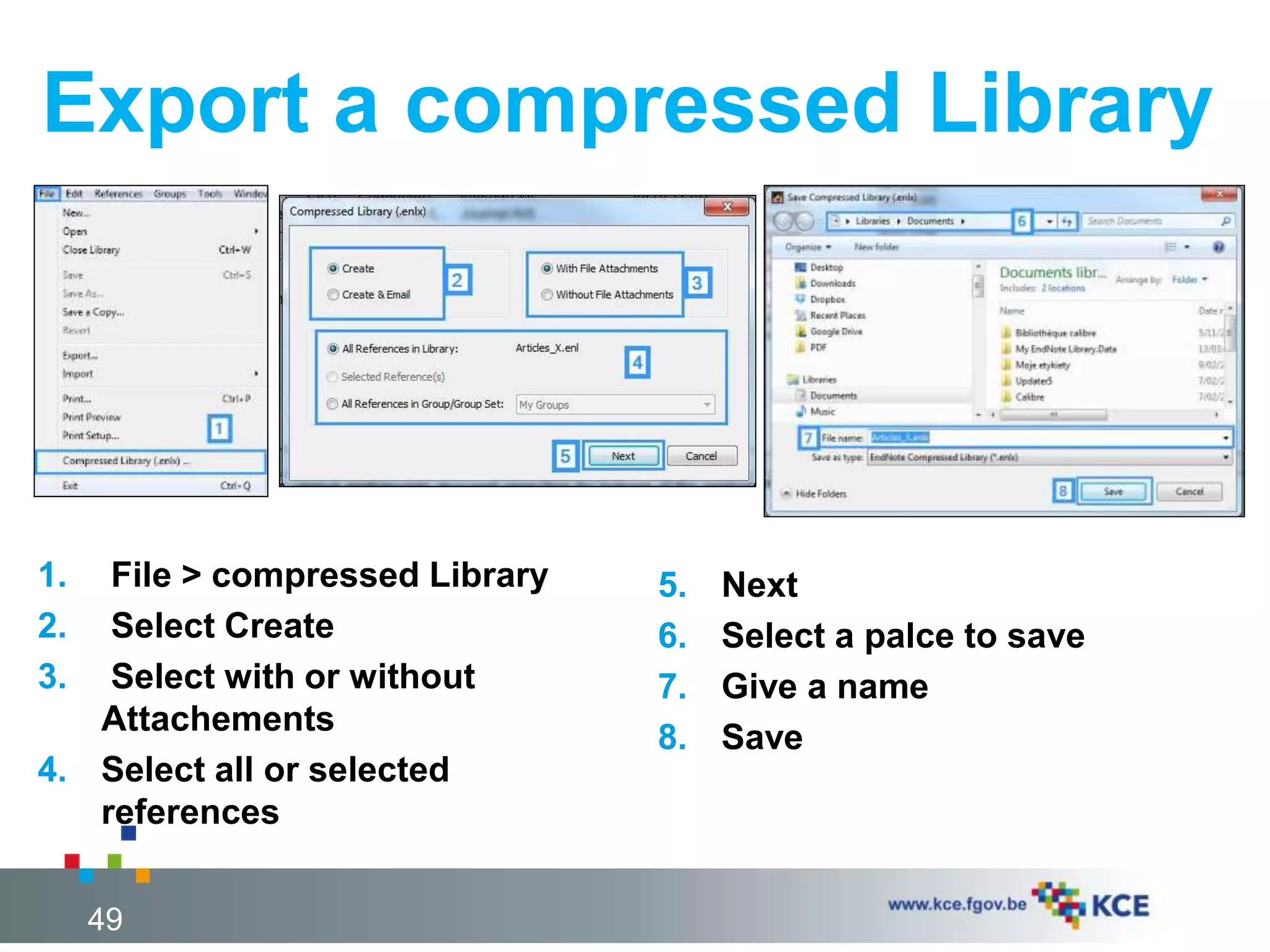 Export a compressed Library
49
1. File > compressed Library
2. Select Create
3. Select with or without
Attachements
4. Select all or selected
references
5. Next
6. Select a palce to save
7. Give a name
8. Save
 