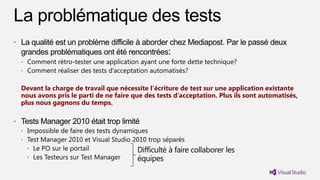 Devant la charge de travail que nécessite l’écriture de test sur une application existante
nous avons pris le parti de ne faire que des tests d’acceptation. Plus ils sont automatisés,
plus nous gagnons du temps.
 