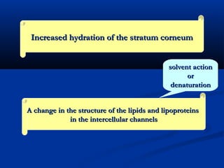 Increased hydration of the stratum corneumIncreased hydration of the stratum corneum
A change in the structure of the lipids and lipoproteinsA change in the structure of the lipids and lipoproteins
in the intercellular channelsin the intercellular channels
solvent actionsolvent action
oror
denaturationdenaturation
 