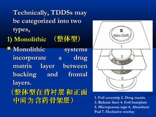 Technically, TDDSs mayTechnically, TDDSs may
be categorized into twobe categorized into two
types,types,
1) Monolithic1) Monolithic （整体型）（整体型）
 Monolithic systemsMonolithic systems
incorporate a drugincorporate a drug
matrix layer betweenmatrix layer between
backing and frontalbacking and frontal
layers.layers.
（整体型在背 和正面衬层（整体型在背 和正面衬层
中 含 骨架 ）间为 药 层中 含 骨架 ）间为 药 层
1. Foil covertrip 2. Drug matrix
3. Release liner 4. Foil baseplate
5. Microporous tape 6. Absorbent
Pad 7. Occlusive overlay
 