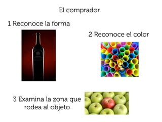 El comprador

1 Reconoce la forma
                         2 Reconoce el color




 3 Examina la zona que
     rodea al objeto
 