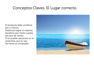 Conceptos Claves. El Lugar correcto.



El producto debe venderse
por sí mismo.
Debemos lograr el máximo
beneﬁcio por metro cuadro
del piso de ventas.
Sí es posible ubicación en la
estantería, que se vea.
De frente al comprador.
 