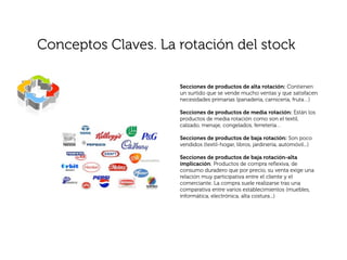 Conceptos Claves. La rotación del stock

                     Secciones de productos de alta rotación: Contienen
                     un surtido que se vende mucho ventas y que satisfacen
                     necesidades primarias (panadería, carnicería, fruta…)

                     Secciones de productos de media rotación: Están los
                     productos de media rotación como son el textil,
                     calzado, menaje, congelados, ferretería…

                     Secciones de productos de baja rotación: Son poco
                     vendidos (textil-hogar, libros, jardinería, automóvil...)

                     Secciones de productos de baja rotación-alta
                     implicación: Productos de compra reﬂexiva, de
                     consumo duradero que por precio, su venta exige una
                     relación muy participativa entre el cliente y el
                     comerciante. La compra suele realizarse tras una
                     comparativa entre varios establecimientos (muebles,
                     informática, electrónica, alta costura...)
 