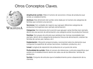 Otros Conceptos Claves.

      Amplitud de surtido: Mide el número de secciones o líneas de productos que
      vende un establecimiento.
      Anchura: Esta dimensión del surtido viene dada por el número de categorías de
      familias que contiene una sección.
      Secciones: Son unidades de negocio que agrupan diferentes categorías de
      productos homogéneos (por ejemplo alimentación).
      Categorías: Son divisiones de la sección que agrupan varias familias (por ejemplo,
      dentro de una sección de alimentación una categoría serían los productos frescos).
      Familias: Son grupos de artículos que satisfacen las mismas necesidades (por
      ejemplo, dentro de la categoría de productos frescos de alimentación, estarían las
      familias de carnes, pan, lácteos, etc.)
      Implantación: Ubicación proporcionada y racional de todos los elementos que
      componen la superﬁcie de ventas (secciones, mobiliario, productos, etc.).
      Lineal: Longitud de exposición de productos en un punto de venta.
      Profundidad de surtido: Mide el número de referencias o artículos especíﬁcos que
      existen en el establecimiento dentro de cada una de las diferentes familias de
      productos.
      Surtido: Conjunto de artículos que el establecimiento pone a disposición de su
      clientela.
 