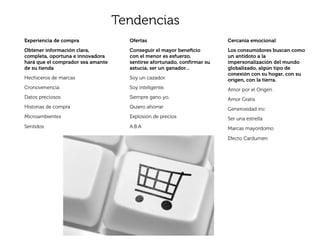 Tendencias
Experiencia de compra                Ofertas                            Cercanía emocional
Obtener información clara,           Conseguir el mayor beneﬁcio        Los consumidores buscan como
completa, oportuna e innovadora      con el menor es esfuerzo,          un antídoto a la
hará que el comprador sea amante     sentirse afortunado, conﬁrmar su   impersonalización del mundo
de su tienda                         astucia, ser un ganador...         globalizado, algún tipo de
                                                                        conexión con su hogar, con su
Hechiceros de marcas                 Soy un cazador.                    origen, con la tierra.
Cronovenencia                        Soy inteligente.                   Amor por el Origen
Datos preciosos                      Siempre gano yo.                   Amor Gratis
Historias de compra                  Quiero ahorrar                     Generosidad inc
Microambientes                       Explosión de precios               Ser una estrella
Sentidos                             A.B.A                              Marcas mayordomo

                                                                        Efecto Cardumen
 