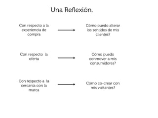 Una Reﬂexión.

Con respecto a la             Cómo puedo alterar
 experiencia de               los sentidos de mis
    compra                          clientes?




Con respecto la                 Cómo puedo
     oferta                    conmover a mis
                               consumidores?



Con respecto a la
                              Cómo co-crear con
 cercanía con la
                                mis visitantes?
     marca
 