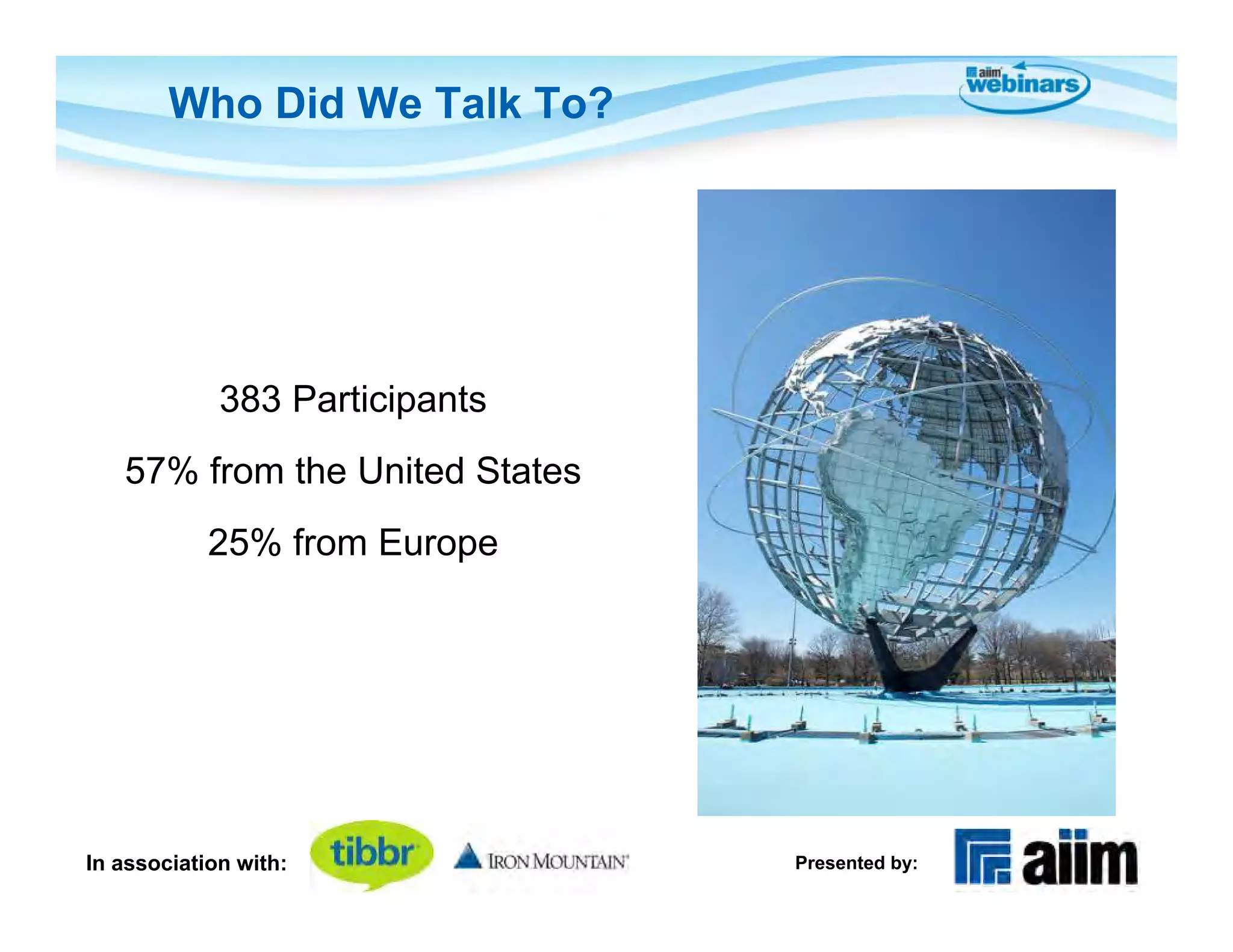 Who Did We Talk To?




             383 Participants
   57% from the United States
            25% from Europe




In association with:            Presented by:
 