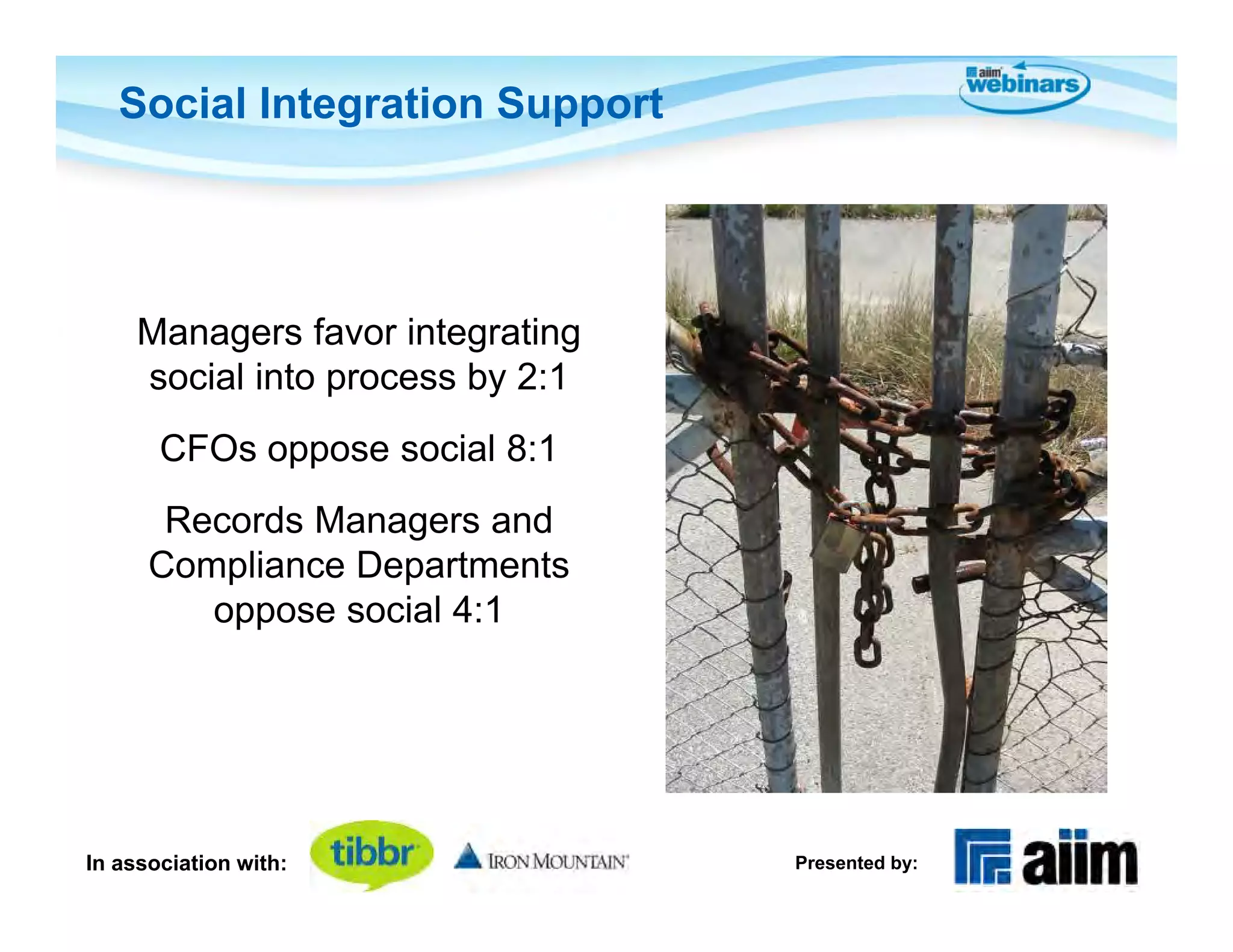 Social Integration Support




     Managers favor integrating
     social into process by 2:1
       CFOs oppose social 8:1
       Records Managers and
      Compliance Departments
         oppose social 4:1




In association with:              Presented by:
 