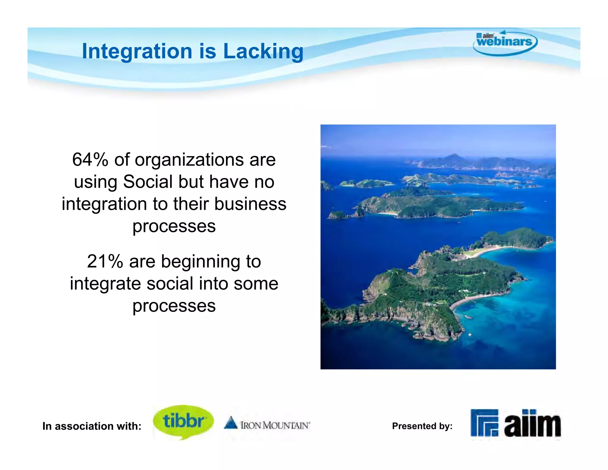 Integration is Lacking



     64% of organizations are
     using Social but have no
   integration to their business
             processes
        21% are beginning to
     integrate social into some
             processes




In association with:               Presented by:
 