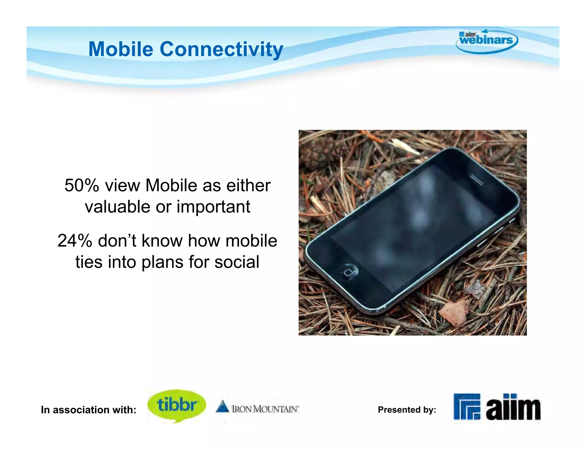 Mobile Connectivity




    50% view Mobile as either
      valuable or important
   24% don’t know how mobile
     ties into plans for social




In association with:              Presented by:
 