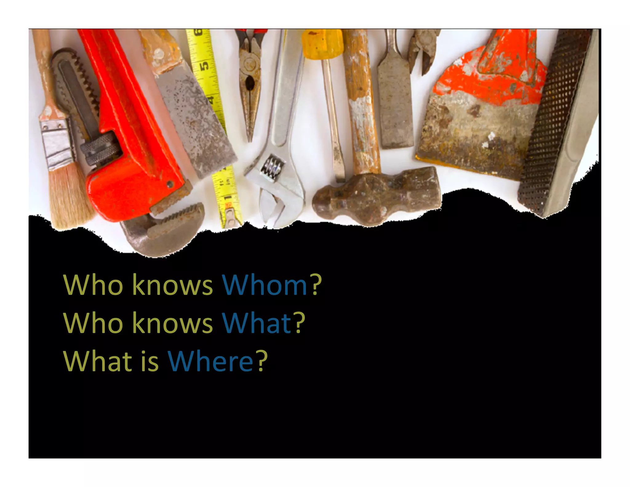 Who knows Whom?
Who knows What?
What is Where?
 